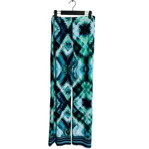 2/$30 Ariella Medium Geometric Print Wide-Leg Pants  Teal, Aqua, Black